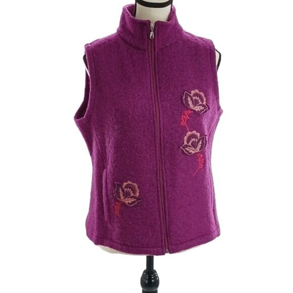 ALP Country Wear Wool Blend Vest Purple Floral Embroidered Full Zip Size…